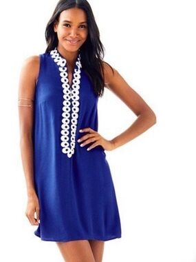 💙Lilly Pulitzer Royal Blue White Embroidered Jane Sleeveless Swing Dress 10💙